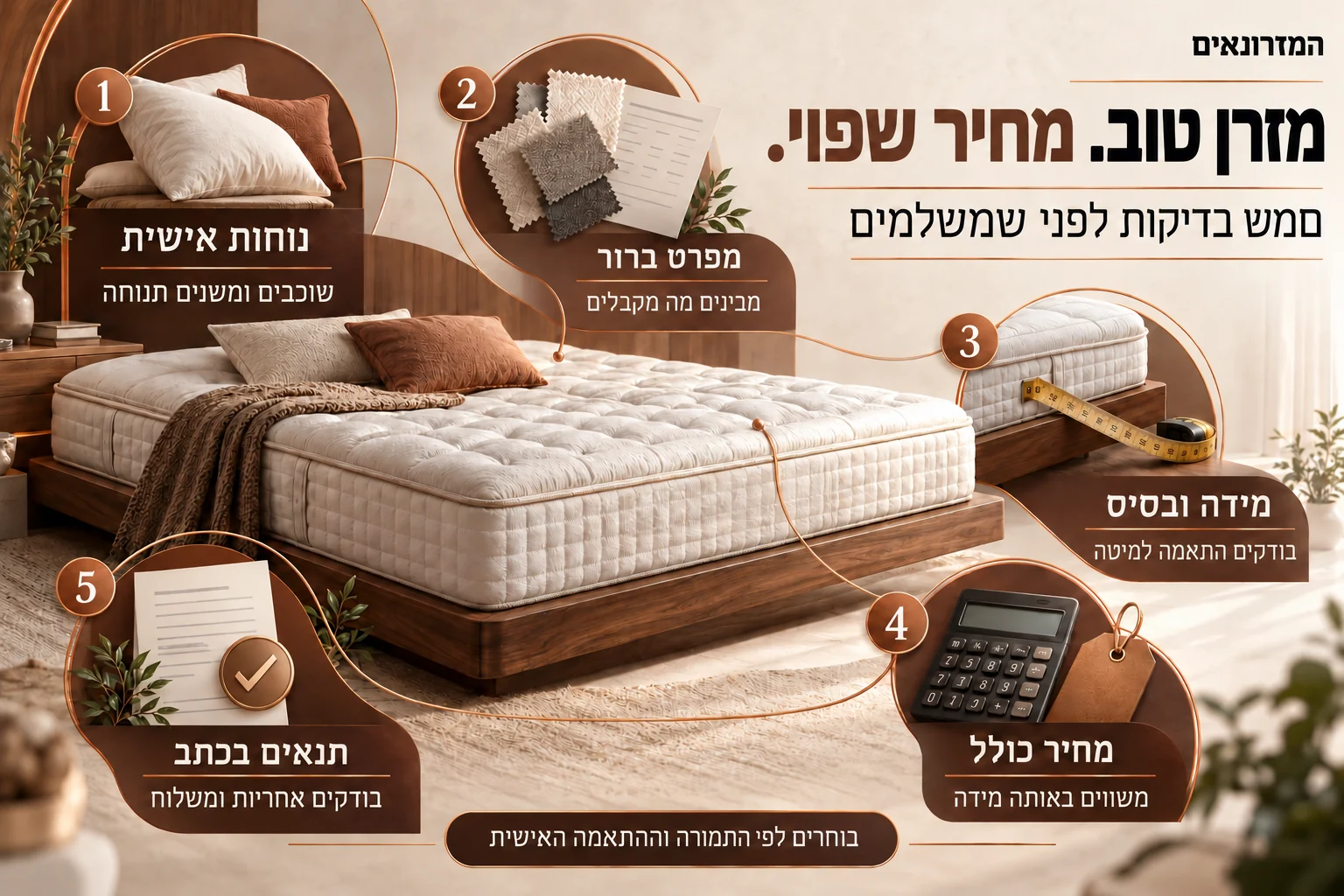 חמש בדיקות לקניית מזרן במחיר משתלם: נוחות אישית, מפרט ברור, התאמה למידה ולבסיס, מחיר כולל ותנאי רכישה בכתב