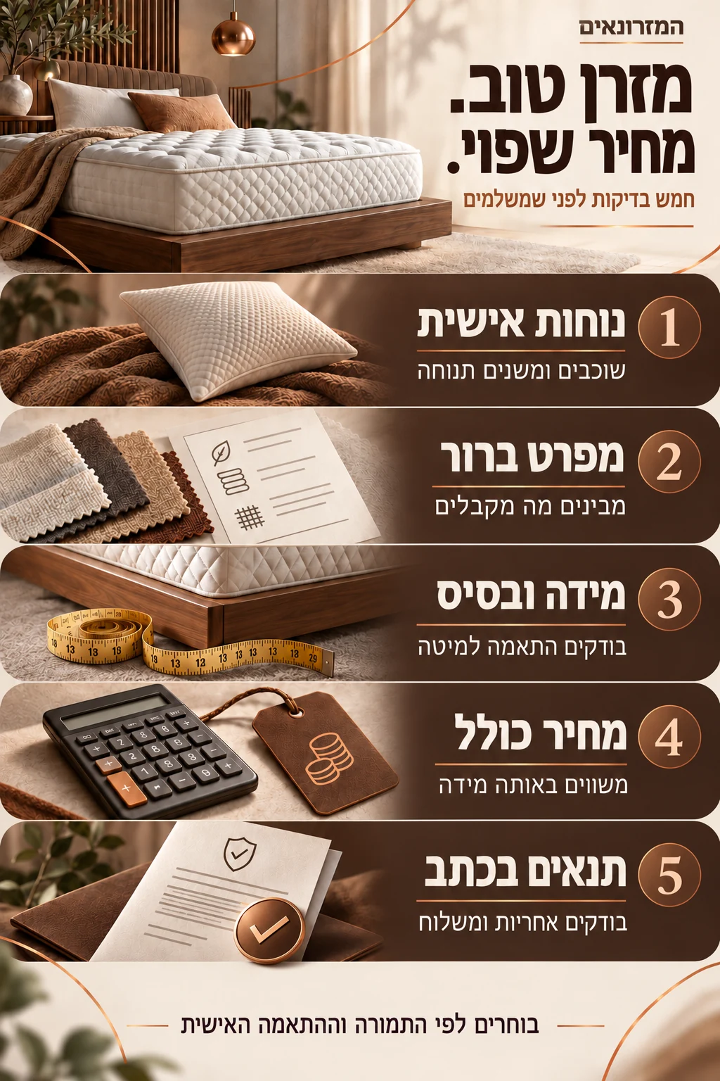 חמש בדיקות לקניית מזרן במחיר משתלם: נוחות אישית, מפרט ברור, התאמה למידה ולבסיס, מחיר כולל ותנאי רכישה בכתב